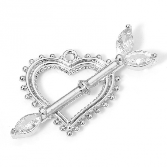 Picture of 1 Piece Brass Valentine's Day Charms Real Platinum Plated Heart Arrowhead Clear Cubic Zirconia 27mm x 22mm