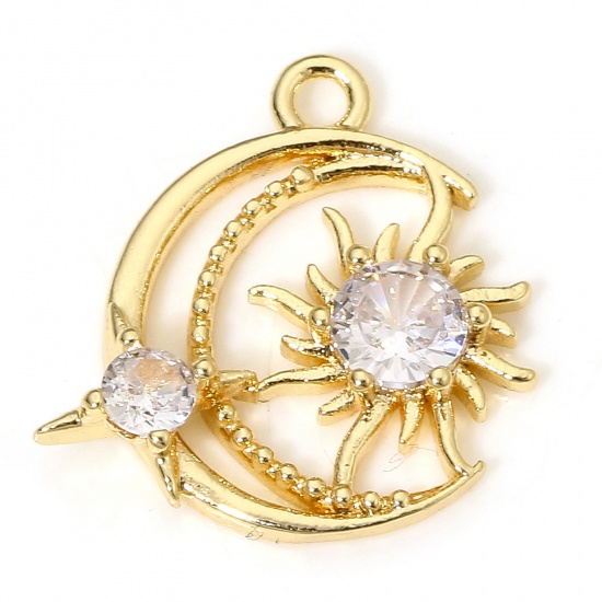 Picture of 2 PCs Brass Galaxy Charms 18K Real Gold Plated Half Moon Sun Hollow Clear Cubic Zirconia 15mm x 15mm