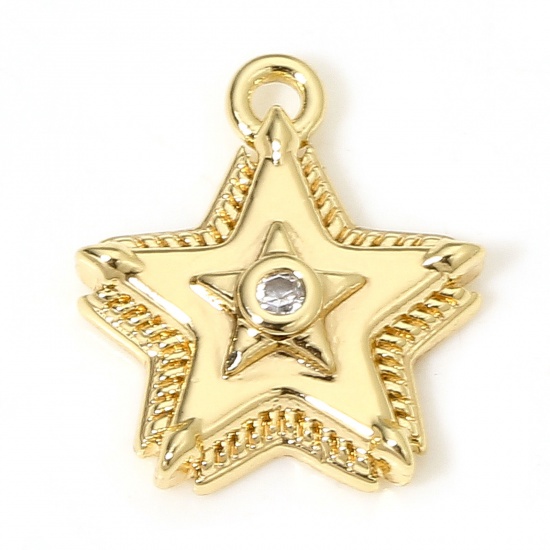 Picture of 2 PCs Brass Galaxy Charms 18K Real Gold Plated Pentagram Star Clear Cubic Zirconia 13mm x 11mm