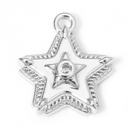 Picture of 2 PCs Brass Galaxy Charms Real Platinum Plated Pentagram Star Clear Cubic Zirconia 13mm x 11mm