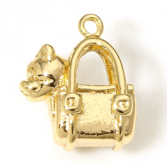 Picture of 1 Piece Eco-friendly Brass Charms 18K Real Gold Plated Bag Dog 3D 13mm x 11mm