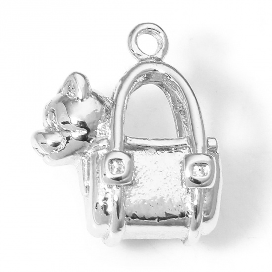 Picture of 1 Piece Eco-friendly Brass Charms Real Platinum Plated Bag Dog 3D 13mm x 11mm