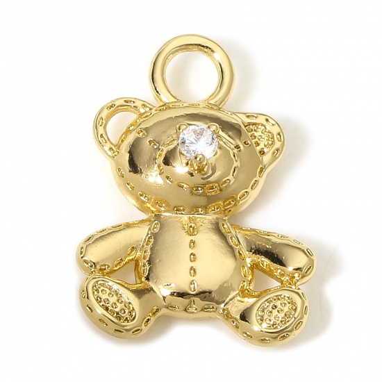 Picture of 1 Piece Eco-friendly Brass Charms 18K Real Gold Plated Bear Animal Clear Cubic Zirconia 21mm x 15mm