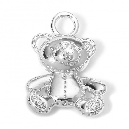 Picture of 1 Piece Eco-friendly Brass Charms Real Platinum Plated Bear Animal Clear Cubic Zirconia 21mm x 15mm