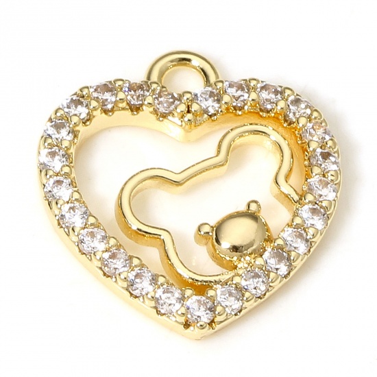 Picture of 1 Piece Eco-friendly Brass Valentine's Day Charms 18K Real Gold Plated Bear Animal Heart Micro Pave Clear Cubic Zirconia 12.5mm x 11.5mm