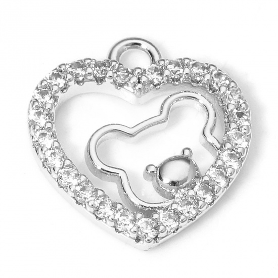 Picture of 1 Piece Eco-friendly Brass Valentine's Day Charms Real Platinum Plated Bear Animal Heart Micro Pave Clear Cubic Zirconia 12.5mm x 11.5mm