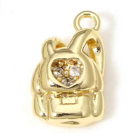 Picture of 1 Piece Eco-friendly Brass College Jewelry Charms 18K Real Gold Plated School Bag Micro Pave Clear Cubic Zirconia 12mm x 7mm