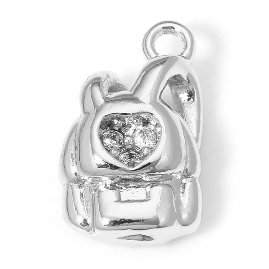 Picture of 1 Piece Eco-friendly Brass College Jewelry Charms Real Platinum Plated School Bag Micro Pave Clear Cubic Zirconia 12mm x 7mm