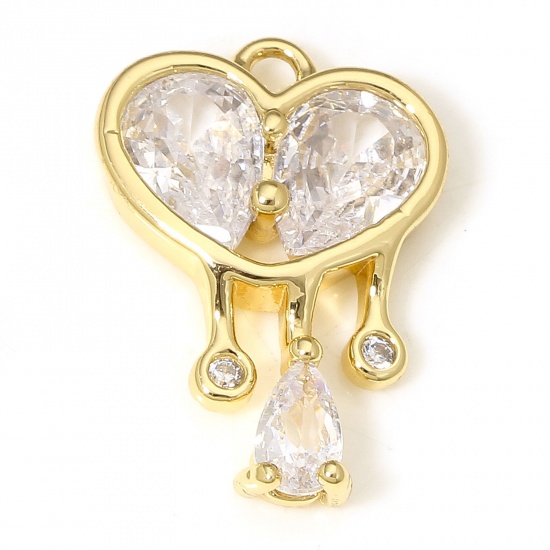 Picture of 1 Piece Eco-friendly Brass Valentine's Day Charms 18K Real Gold Plated Heart Drop Clear Cubic Zirconia 18mm x 12.5mm