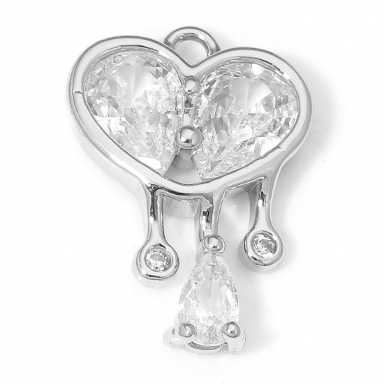 Picture of 1 Piece Eco-friendly Brass Valentine's Day Charms Real Platinum Plated Heart Drop Clear Cubic Zirconia 18mm x 12.5mm