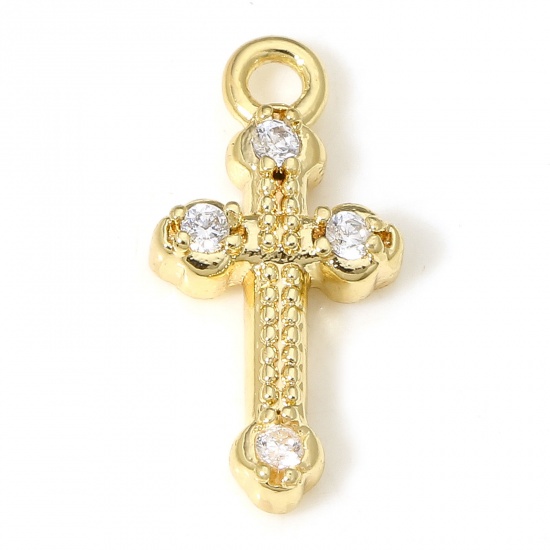 Picture of 2 PCs Eco-friendly Brass Religious Charms 18K Real Gold Plated Cross Clear Cubic Zirconia 13mm x 6mm