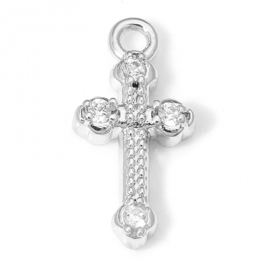 Picture of 2 PCs Eco-friendly Brass Religious Charms Real Platinum Plated Cross Clear Cubic Zirconia 13mm x 6mm