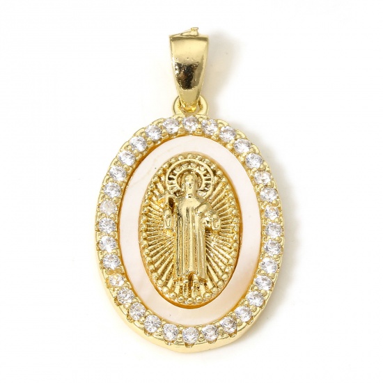 Picture of 1 Piece Eco-friendly Shell & Brass Religious Charms 18K Real Gold Plated Oval Jesus Micro Pave Clear Cubic Zirconia 26mm x 14.5mm