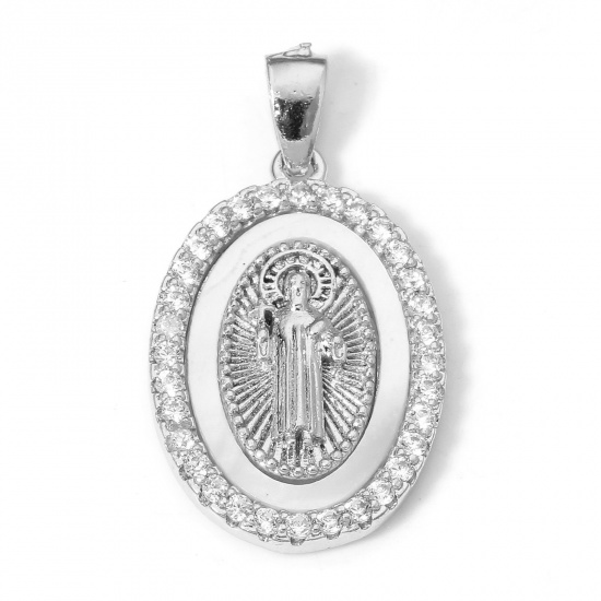 Picture of 1 Piece Eco-friendly Shell & Brass Religious Charms Real Platinum Plated Oval Jesus Micro Pave Clear Cubic Zirconia 26mm x 14.5mm