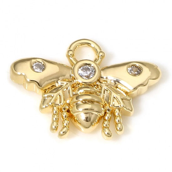 Picture of 2 PCs Eco-friendly Brass Insect Charms 18K Real Gold Plated Bee Animal Clear Cubic Zirconia 12.5mm x 9.5mm