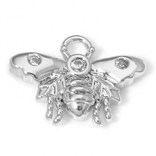 Picture of 2 PCs Eco-friendly Brass Insect Charms Real Platinum Plated Bee Animal Clear Cubic Zirconia 12.5mm x 9.5mm