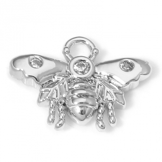 Imagen de 2 Unidades Respetuoso del Medio Ambiente Latón Insecto Colgantes Charms Abejas Platino Real Chapado Claro Circón Artificial 12.5mm x 9.5mm