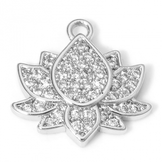 Picture of 1 Piece Eco-friendly Brass Religious Charms Real Platinum Plated Lotus Flower Micro Pave Clear Cubic Zirconia 13mm x 13mm