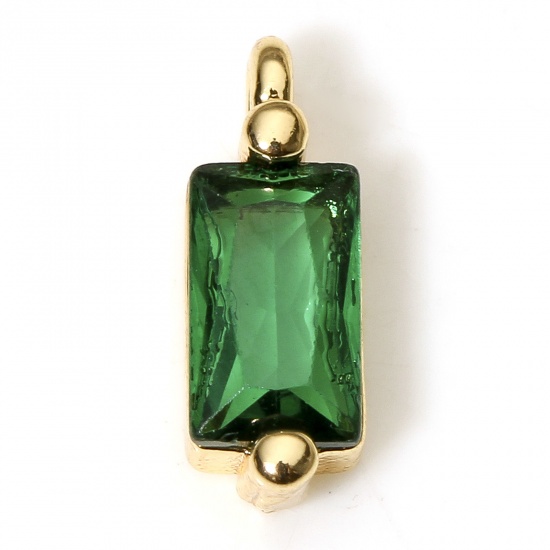 Picture of 5 PCs Eco-friendly Brass Geometric Charms 18K Real Gold Plated Rectangle Green Cubic Zirconia 8.5mm x 3mm