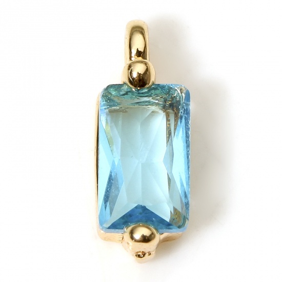Picture of 5 PCs Eco-friendly Brass Geometric Charms 18K Real Gold Plated Rectangle Blue Cubic Zirconia 8.5mm x 3mm