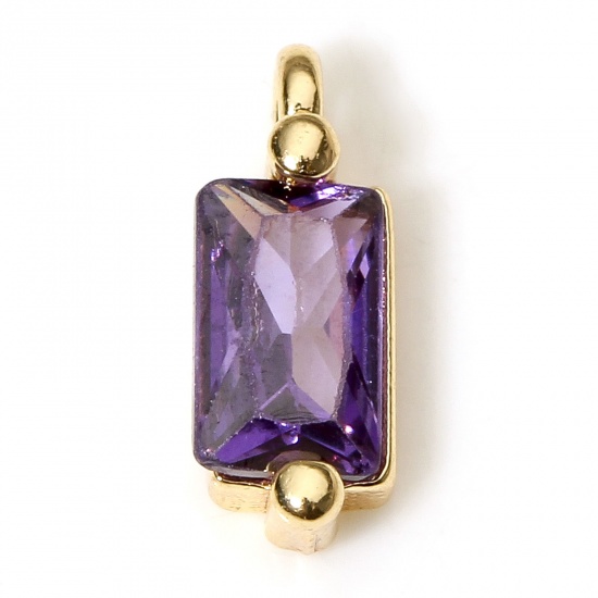Picture of 5 PCs Eco-friendly Brass Geometric Charms 18K Real Gold Plated Rectangle Purple Cubic Zirconia 8.5mm x 3mm