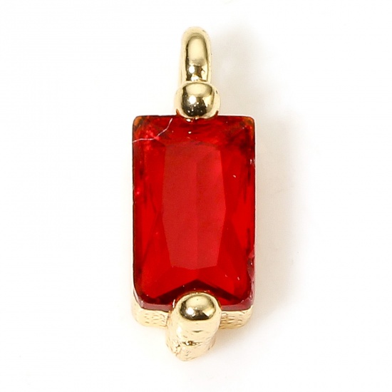 Picture of 5 PCs Eco-friendly Brass Geometric Charms 18K Real Gold Plated Rectangle Red Cubic Zirconia 8.5mm x 3mm