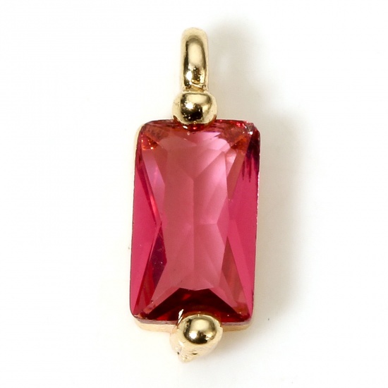Picture of 5 PCs Eco-friendly Brass Geometric Charms 18K Real Gold Plated Rectangle Fuchsia Cubic Zirconia 8.5mm x 3mm