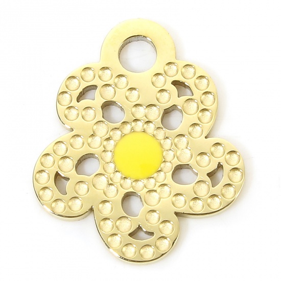 Picture of 1 Piece Eco-friendly Vacuum Plating 304 Stainless Steel Simple Charms Gold Plated Yellow Flower Enamel 14mm x 12mm
