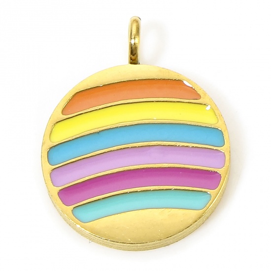 Imagen de 1 Piece Eco-friendly Vacuum Plating 304 Stainless Steel Geometric Charms Gold Plated Multicolor Round Rainbow Enamel 13.5mm x 10.5mm