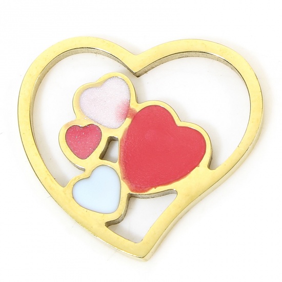 Imagen de 1 Piece Eco-friendly Vacuum Plating 304 Stainless Steel Valentine's Day Charms Gold Plated Multicolor Heart Enamel 16mm x 14.5mm