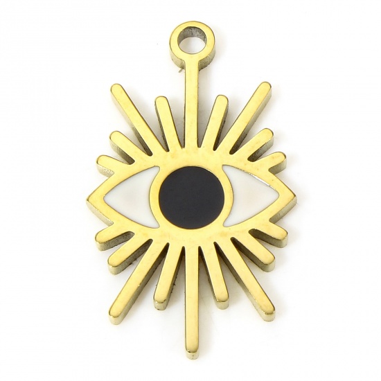 Imagen de 1 Piece Eco-friendly Vacuum Plating 304 Stainless Steel Religious Charms Gold Plated Black & White Eye Enamel 20mm x 12mm
