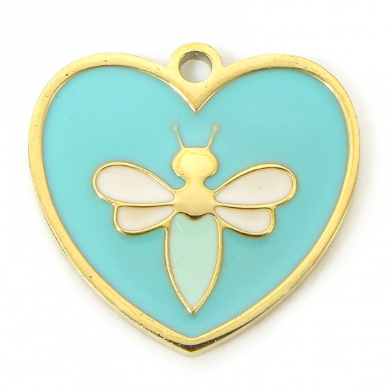 Picture of 1 Piece Eco-friendly Vacuum Plating 304 Stainless Steel Insect Charms Gold Plated Blue Heart Bee Enamel 15mm x 14.5mm