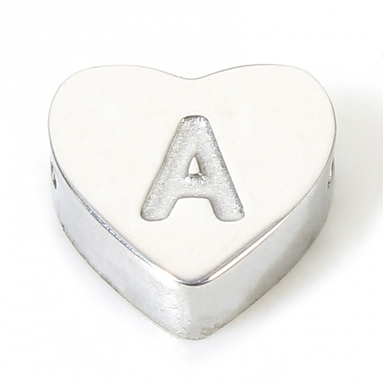 Изображение 1 Piece Eco-friendly 304 Stainless Steel Valentine's Day Beads For DIY Charm Jewelry Making Heart Silver Tone Initial Alphabet/ Capital Letter Message " A " 7mm x 6mm, Hole: Approx 1.1mm