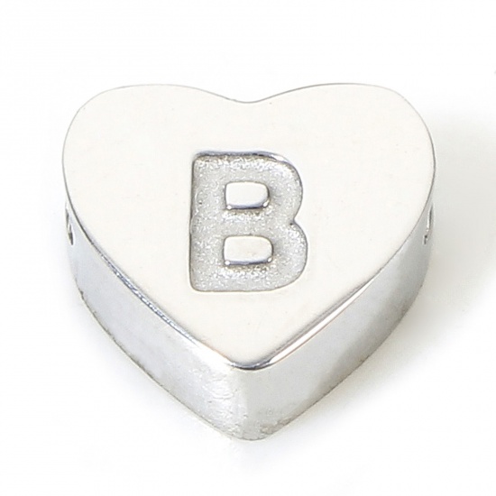 Imagen de 1 Piece Eco-friendly 304 Stainless Steel Valentine's Day Beads For DIY Charm Jewelry Making Heart Silver Tone Initial Alphabet/ Capital Letter Message " B " 7mm x 6mm, Hole: Approx 1.1mm