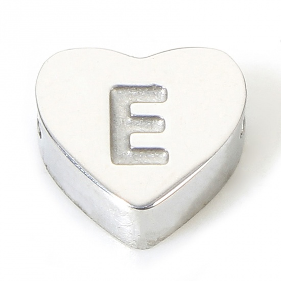 Imagen de 1 Piece Eco-friendly 304 Stainless Steel Valentine's Day Beads For DIY Charm Jewelry Making Heart Silver Tone Initial Alphabet/ Capital Letter Message " E " 7mm x 6mm, Hole: Approx 1.1mm