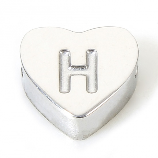 Imagen de 1 Piece Eco-friendly 304 Stainless Steel Valentine's Day Beads For DIY Charm Jewelry Making Heart Silver Tone Initial Alphabet/ Capital Letter Message " H " 7mm x 6mm, Hole: Approx 1.1mm