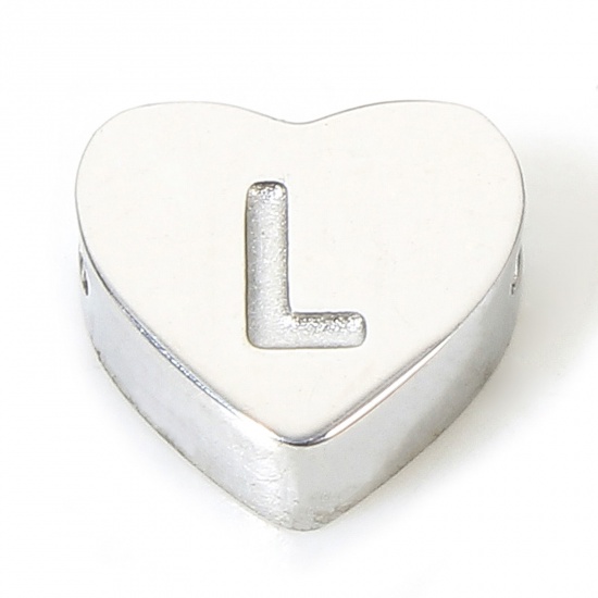 Imagen de 1 Piece Eco-friendly 304 Stainless Steel Valentine's Day Beads For DIY Charm Jewelry Making Heart Silver Tone Initial Alphabet/ Capital Letter Message " L " 7mm x 6mm, Hole: Approx 1.1mm