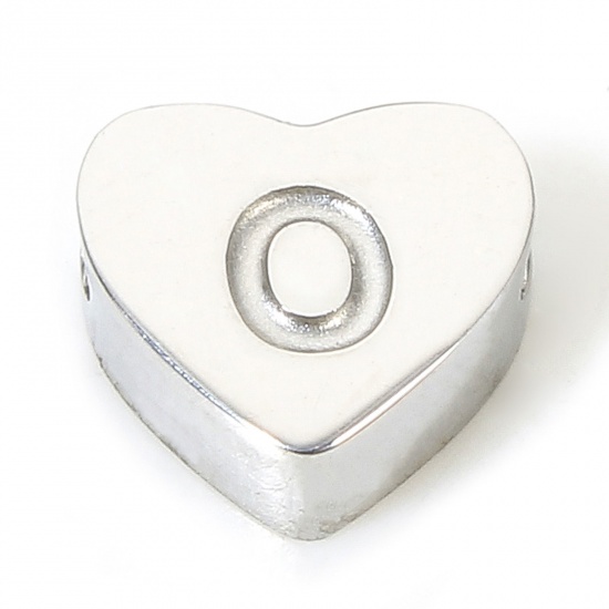 Imagen de 1 Piece Eco-friendly 304 Stainless Steel Valentine's Day Beads For DIY Charm Jewelry Making Heart Silver Tone Initial Alphabet/ Capital Letter Message " O " 7mm x 6mm, Hole: Approx 1.1mm
