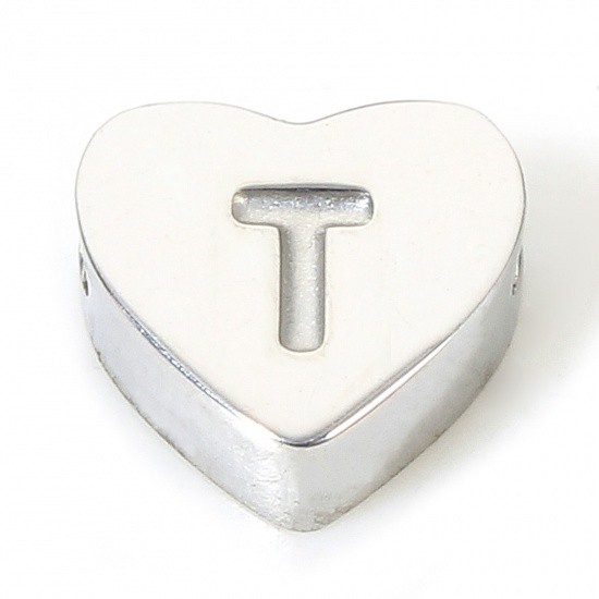 Изображение 1 Piece Eco-friendly 304 Stainless Steel Valentine's Day Beads For DIY Charm Jewelry Making Heart Silver Tone Initial Alphabet/ Capital Letter Message " T " 7mm x 6mm, Hole: Approx 1.1mm