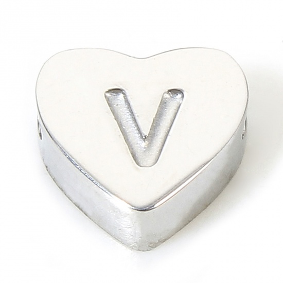 Изображение 1 Piece Eco-friendly 304 Stainless Steel Valentine's Day Beads For DIY Charm Jewelry Making Heart Silver Tone Initial Alphabet/ Capital Letter Message " V " 7mm x 6mm, Hole: Approx 1.1mm