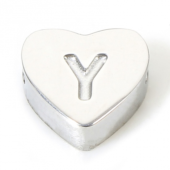 Изображение 1 Piece Eco-friendly 304 Stainless Steel Valentine's Day Beads For DIY Charm Jewelry Making Heart Silver Tone Initial Alphabet/ Capital Letter Message " Y " 7mm x 6mm, Hole: Approx 1.1mm