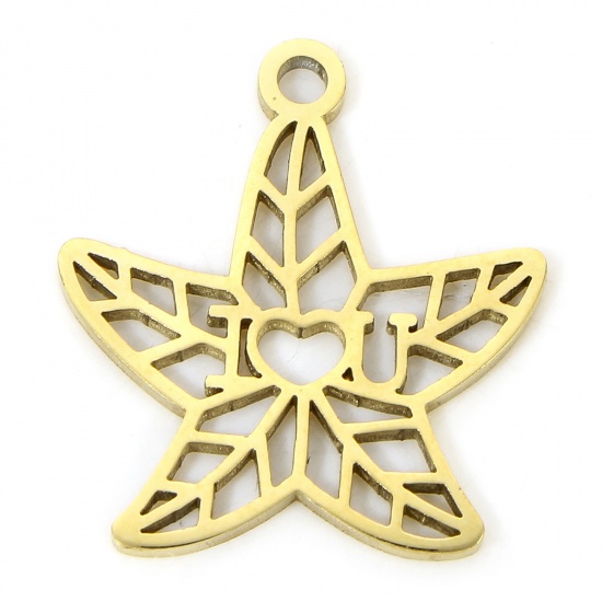 Picture of 1 Piece Eco-friendly Vacuum Plating 304 Stainless Steel Simple Charms Gold Plated Pentagram Star Leaf Hollow 16.5mm x 15mm