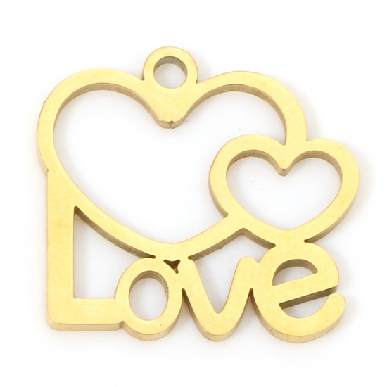 Immagine di 1 Piece Eco-friendly Vacuum Plating 304 Stainless Steel Simple Charms Gold Plated Heart Message " LOVE " Hollow 15mm x 14mm