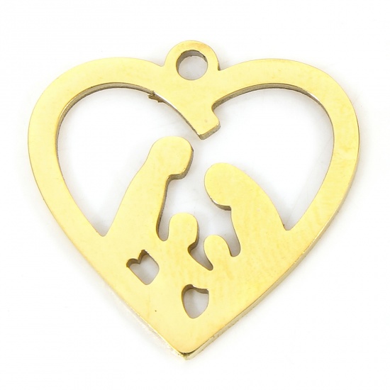 Immagine di 1 Piece Eco-friendly Vacuum Plating 304 Stainless Steel Mother's Day Charms Gold Plated Heart Mother/ Mom Hollow 16mm x 16mm