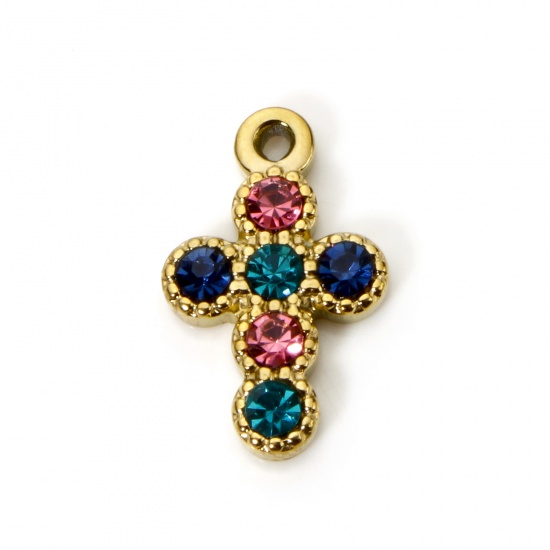 Bild von 1 Stück Umweltfreundliche PVD-Vakuumbeschichtung 304 Edelstahl Religiös Charms Kreuz 18K Echtgold plattiert Bunt Strass 16mm x 10mm
