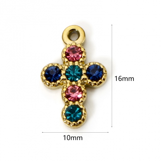 Bild von 1 Stück Umweltfreundliche PVD-Vakuumbeschichtung 304 Edelstahl Religiös Charms Kreuz 18K Echtgold plattiert Bunt Strass 16mm x 10mm
