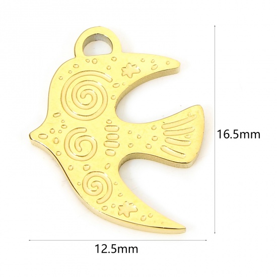 Image de 1 Pièce Breloques en 304 Acier Inoxydable Placage sous Vide PVD Respectueux de l'Environnement Style Pastoral Hirondelle Plaqué Or Véritable 18K Spiral 16.5mm x 12.5mm