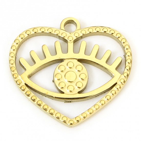 Imagen de 1 Piece Eco-friendly Vacuum Plating 304 Stainless Steel Pastoral Style Charms Gold Plated Heart Eye Hollow 15mm x 13.5mm