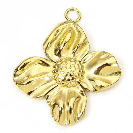 Imagen de 1 Piece Eco-friendly Vacuum Plating 304 Stainless Steel Pastoral Style Charms Gold Plated Flower 21.5mm x 18mm