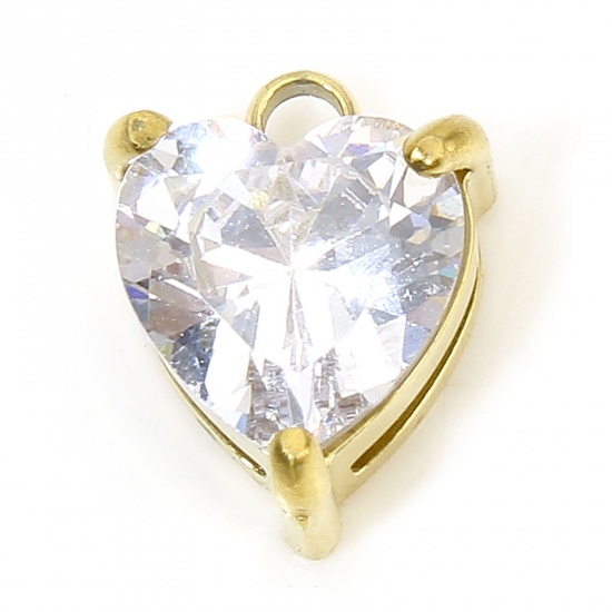 Imagen de 1 Piece Vacuum Plating 304 Stainless Steel Geometric Charms Gold Plated Heart Clear Rhinestone 10.5mm x 8mm